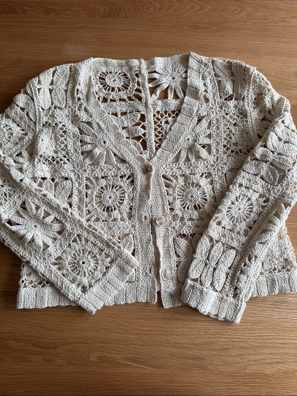 Mystree Cream Crochet Openwork Button-Front Cardigan